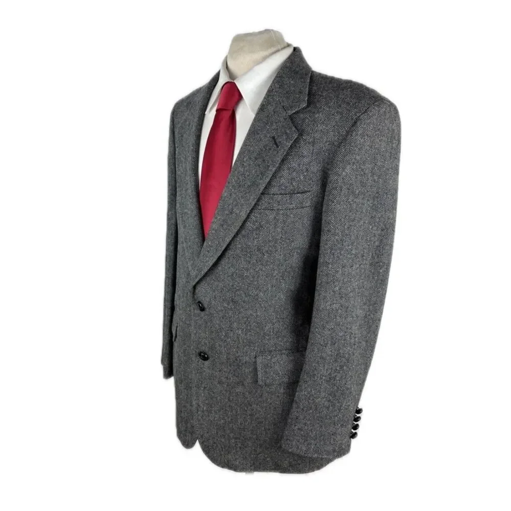 Oakton Men's Black/Gray Herringbone Blazer 44R Lined Tailored In U.S.A $395‎